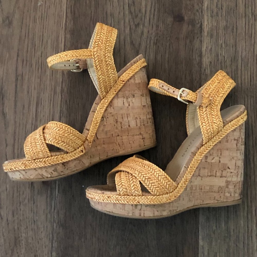 Stuart Weitzman Yellow Woven Cork Wedge Sandals